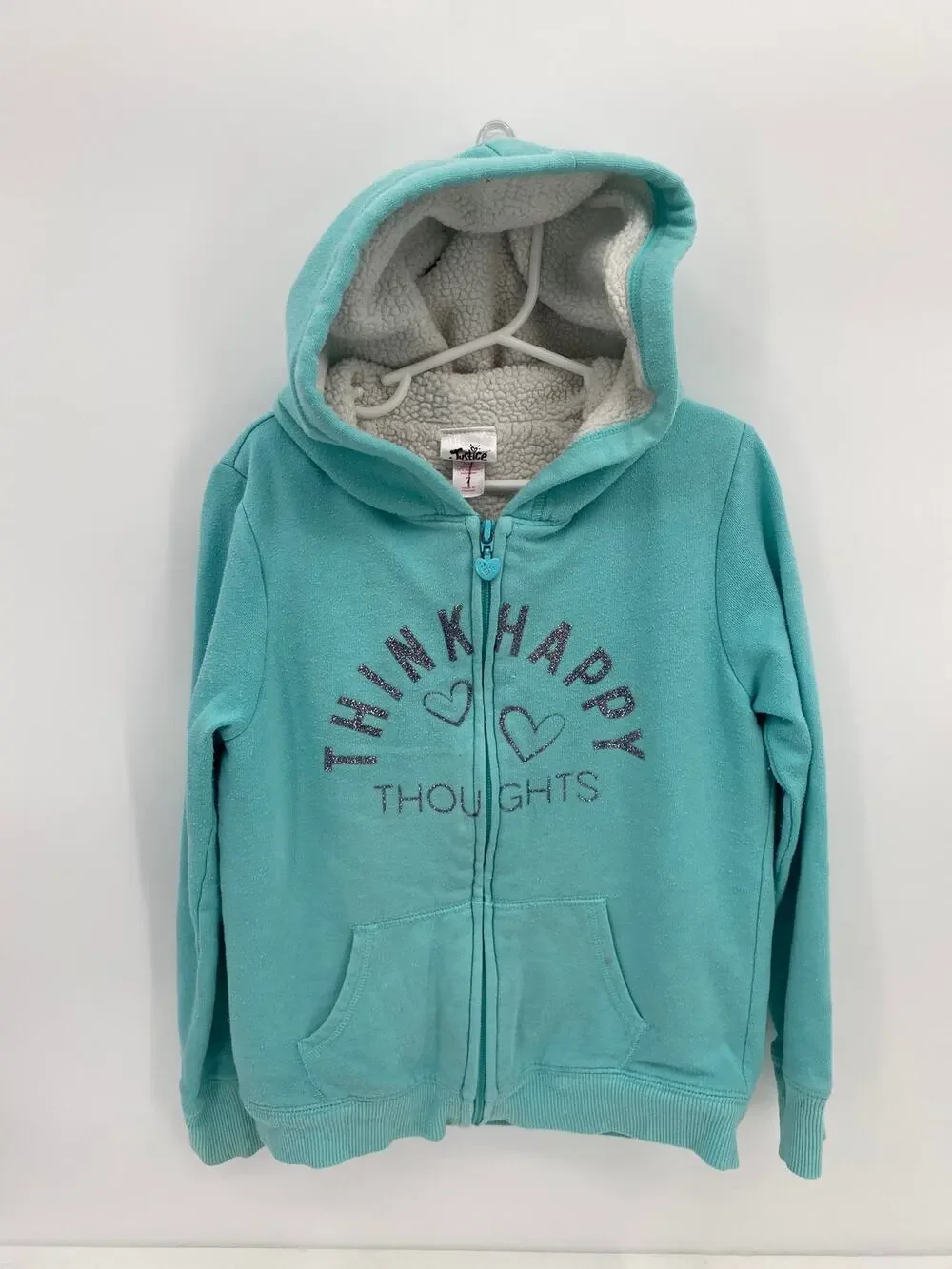 Justice Teal Blue Full Zip Girls Think Happy Thoughts Sherpa Lined Hoodie 7